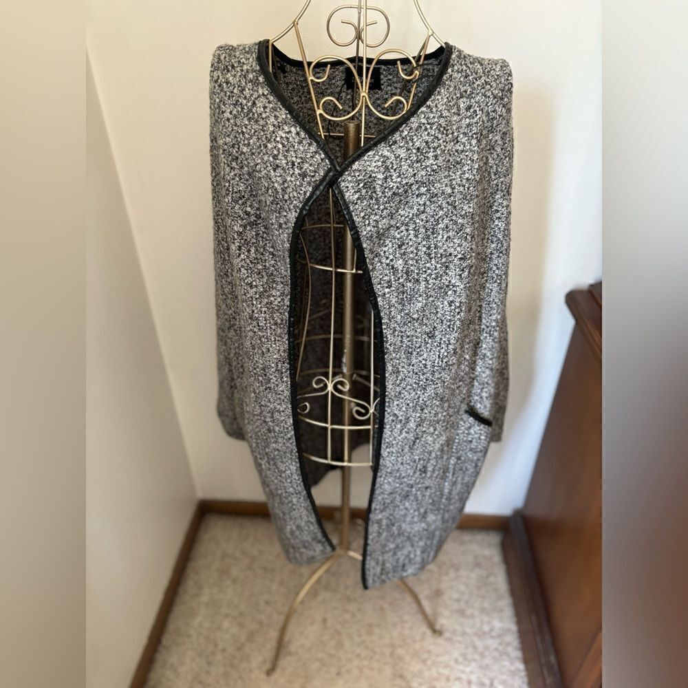 Zara Knit Marled Open Front Cardigan Coatigan Faux Leather Trim S